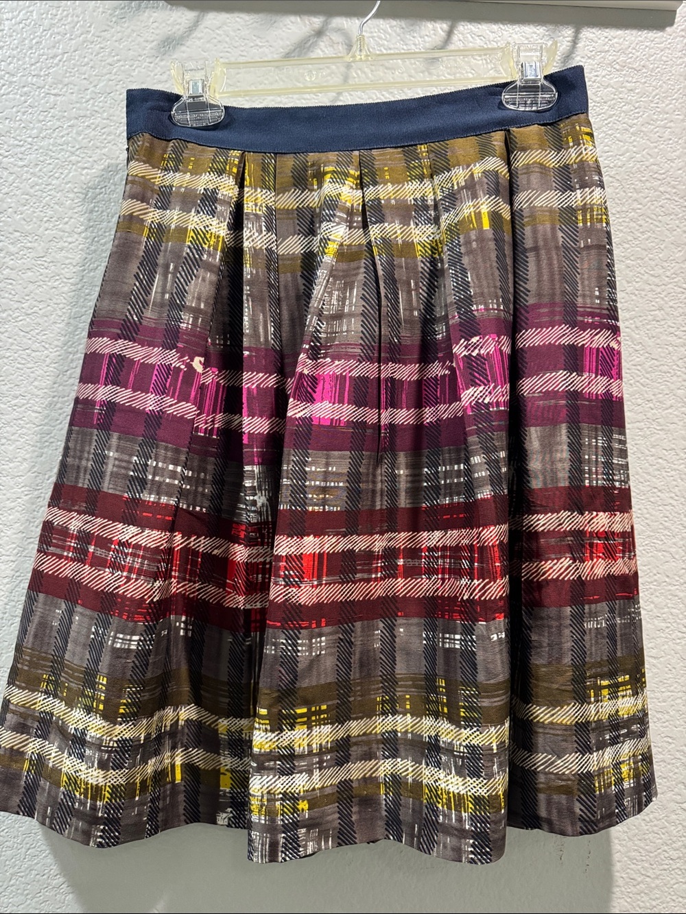 Trina Turk Multicolor Plaid A-Line Skirt with Navy Waistband